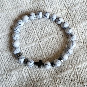 Black lined natural gemstone cross bracelet